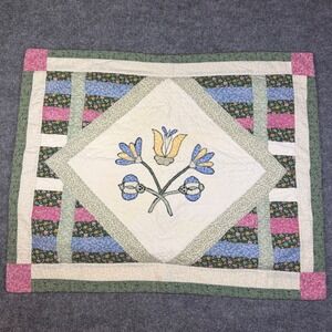 Vintage American Folk Art Quilted Pillow Case Sham Floral Patchwork Sz 31x24